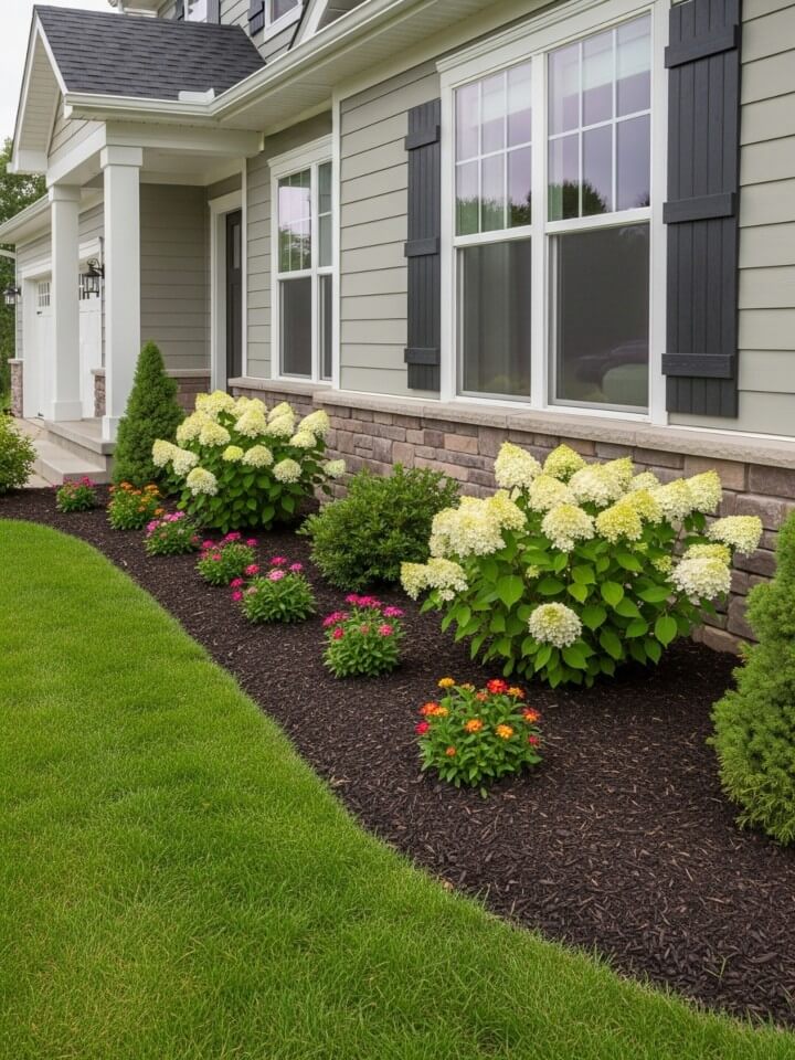 home's foundation with hydrangea plantings