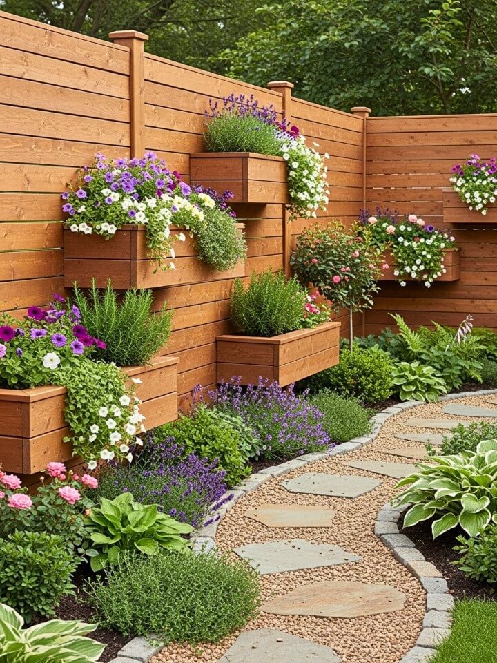 horizontal fence with built in planter boxes