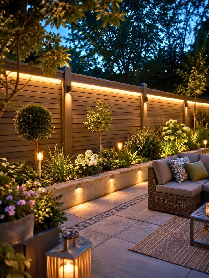 horizontal fence with integrated outdoor lighting
