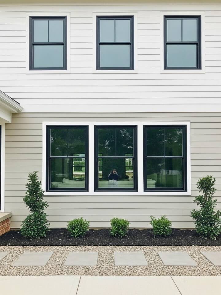 horizontal siding with black window frames