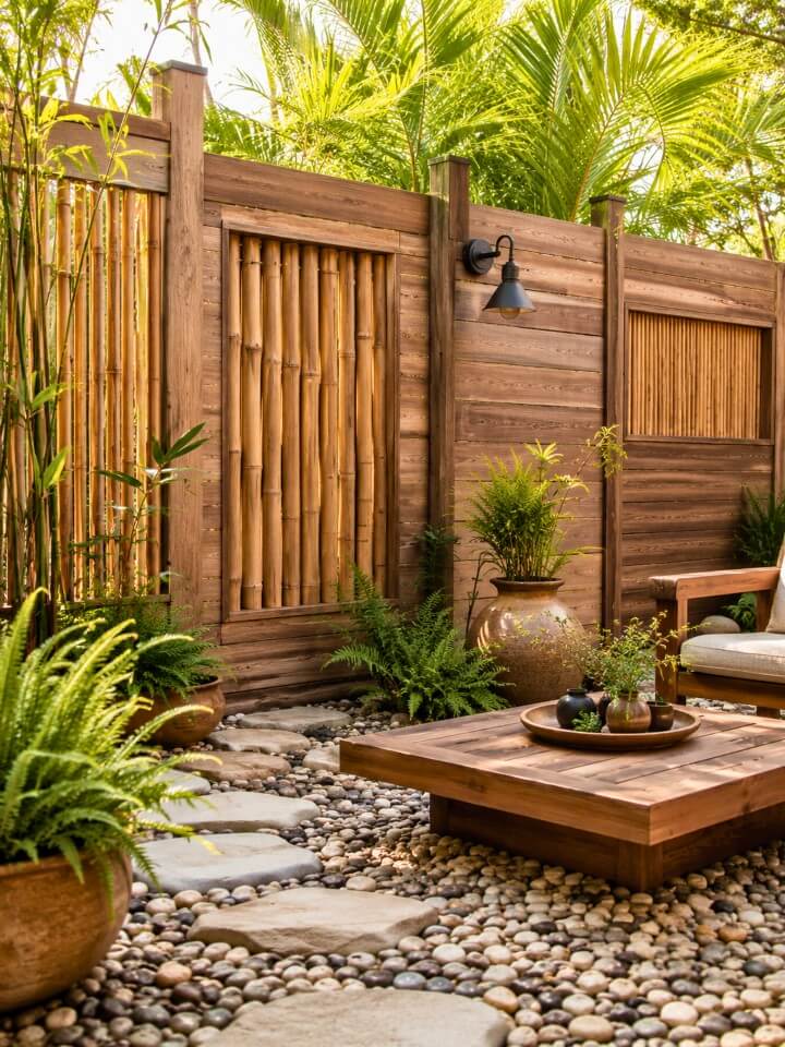 horizontal wood fence with bamboo accents