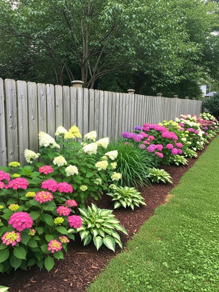 hydrangea garden along a backyard fence