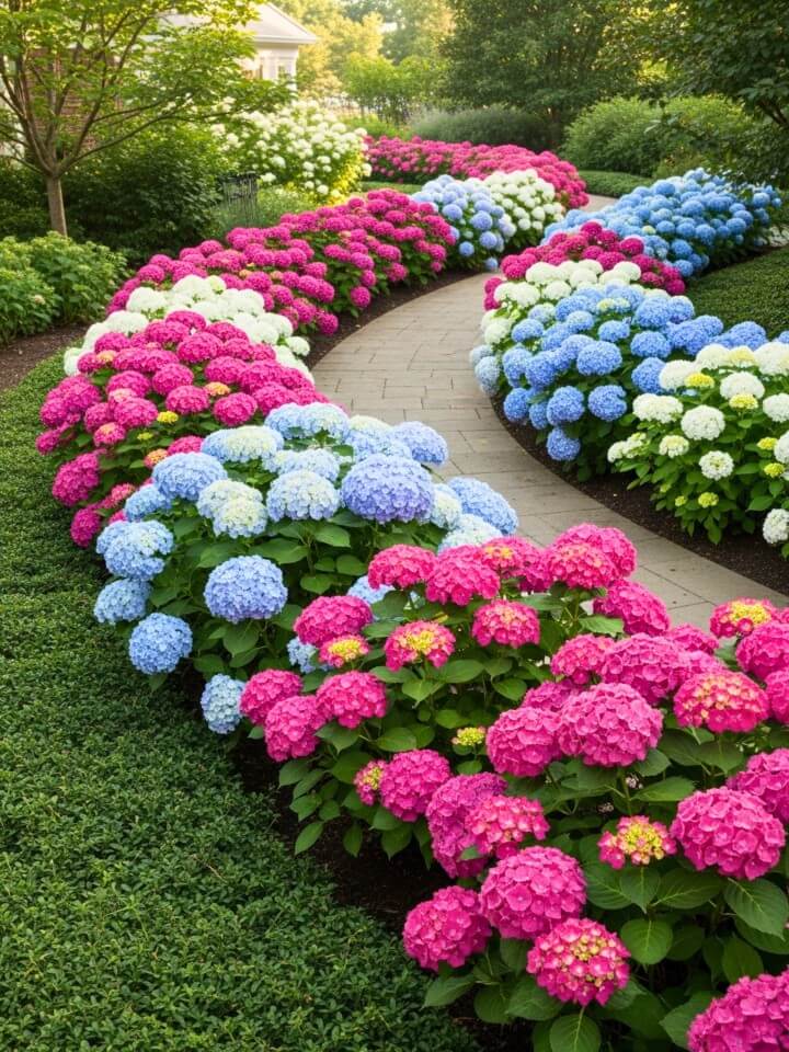hydrangea lined garden paths that welcome guests