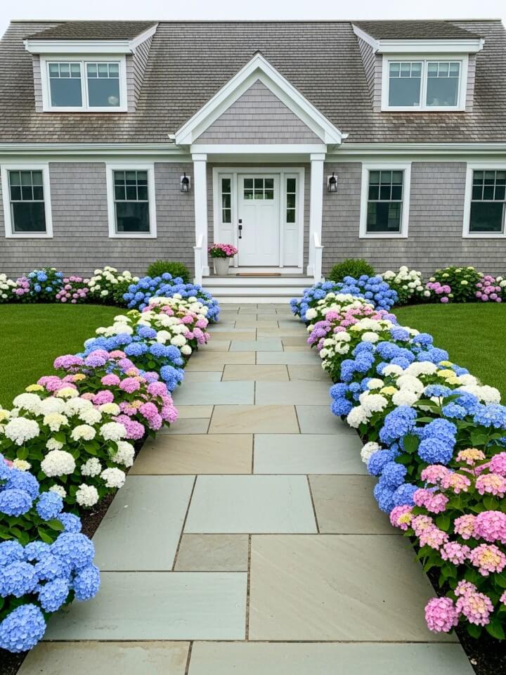 hydrangea lined walkway for coastal curb appeal