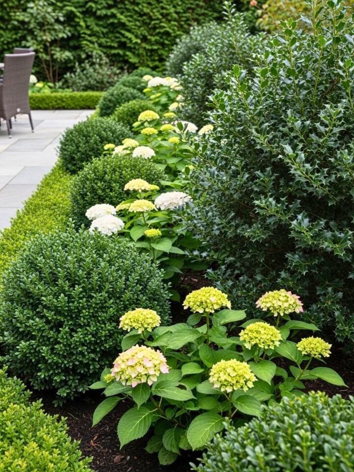 hydrangeas and evergreens for four season interest