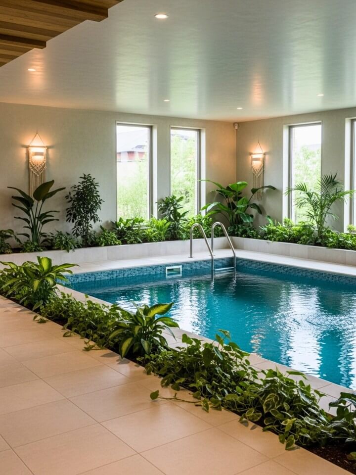 indoor pool design with garden