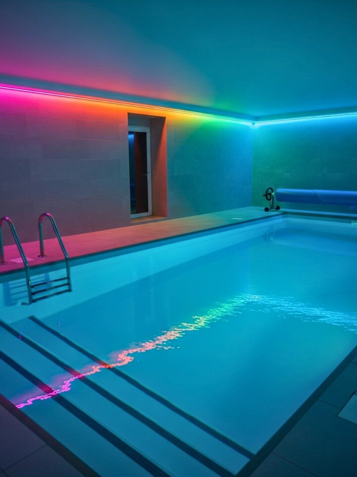 indoor pool with color changing lights