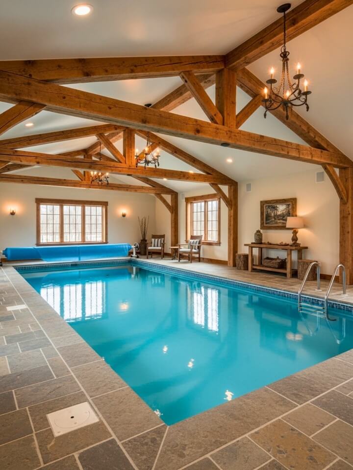 indoor pool with rustic beams