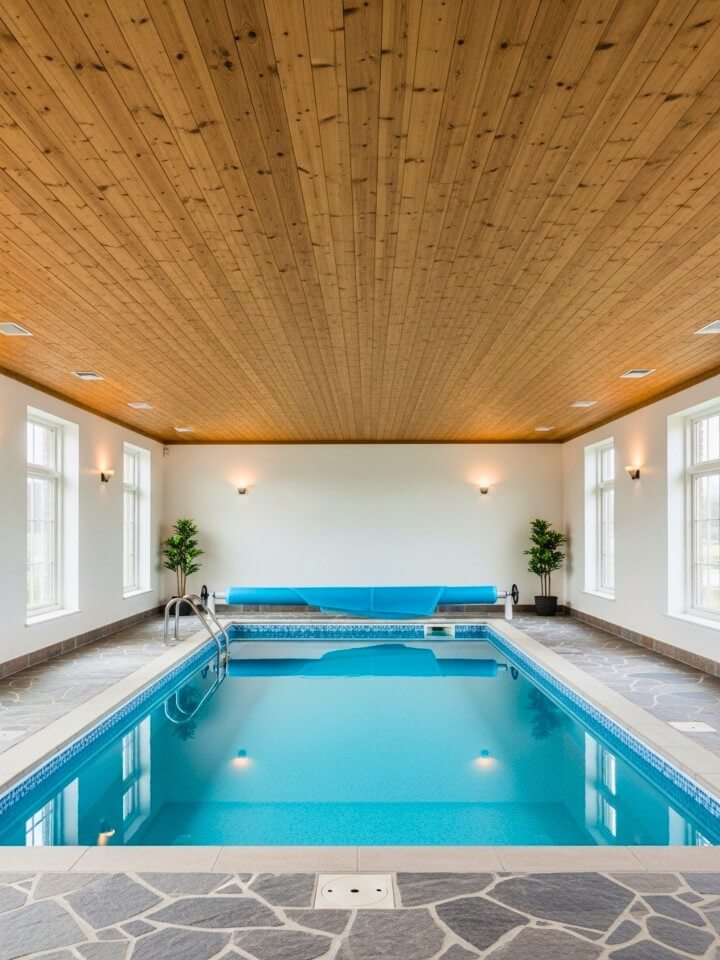 indoor pool with wood ceiling for warmth