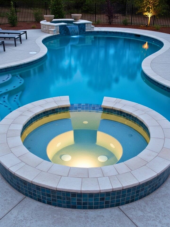 kidney shaped pool with a built in hot tub