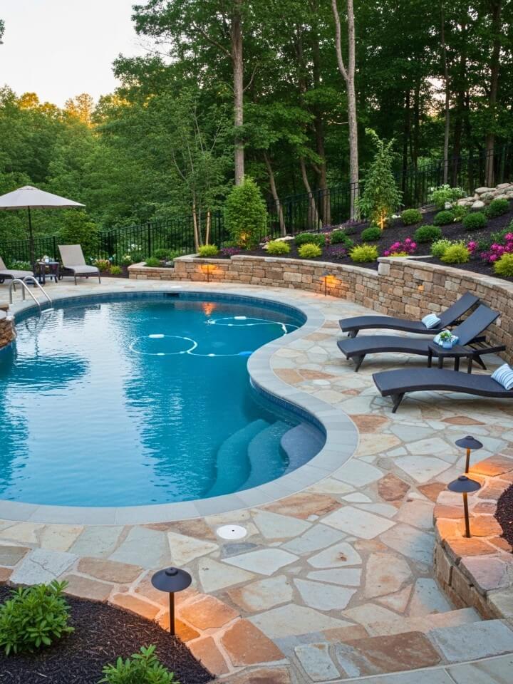 kidney shaped pool with a curved stone patio