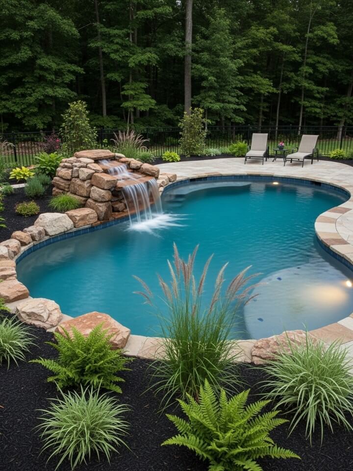 kidney shaped pool with a natural waterfall feature