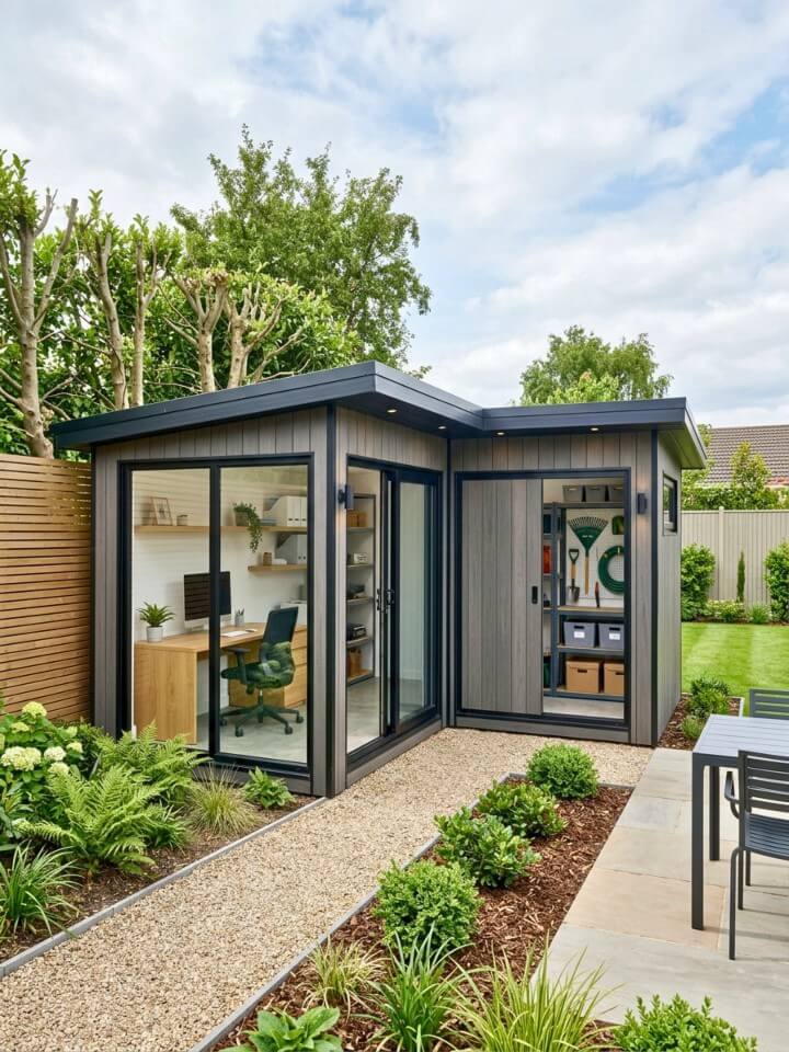l shaped storage shed for work space