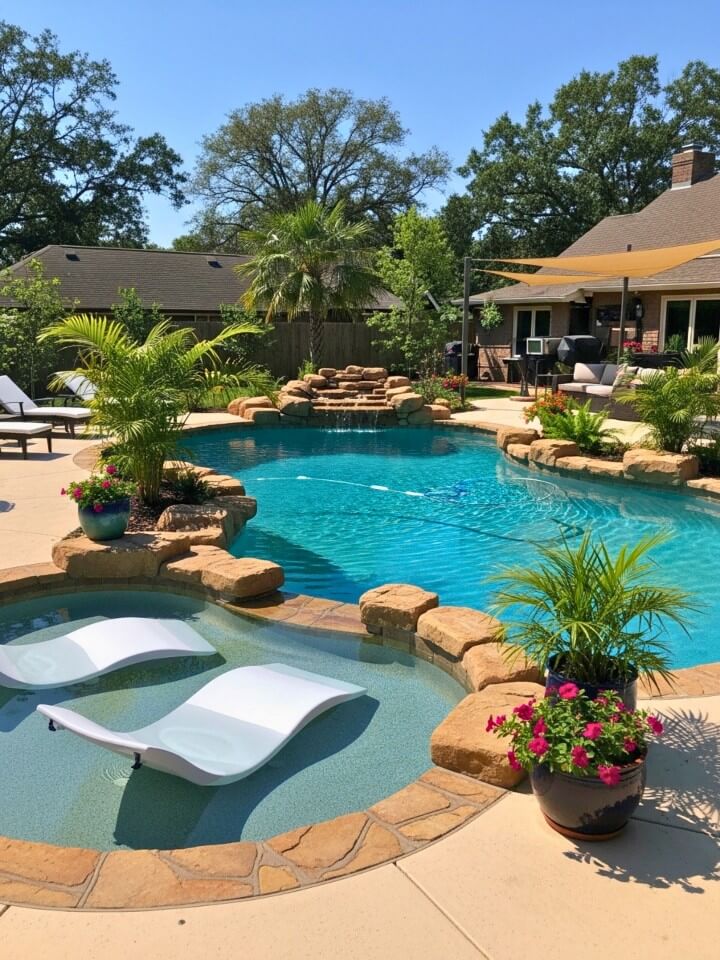 lagoon inspired pool with tropical rocks
