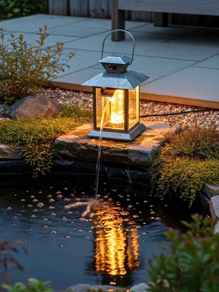lantern illuminated pond fountain in zen garden