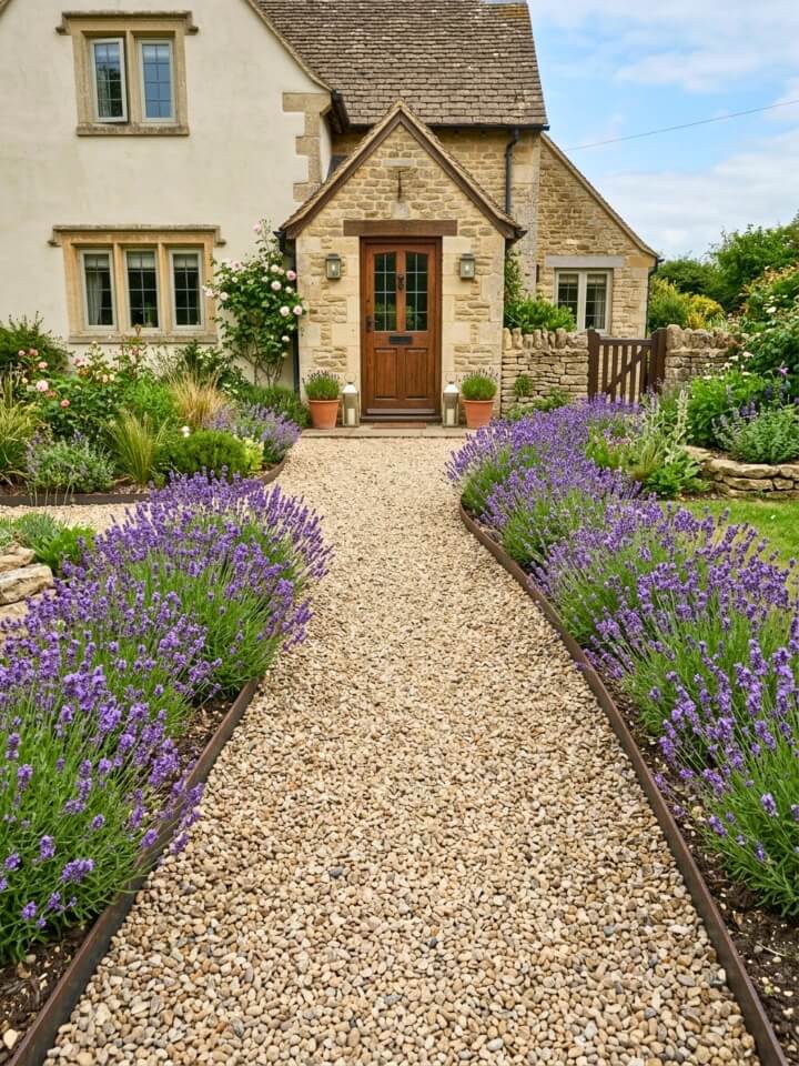 lavender lined pea gravel path