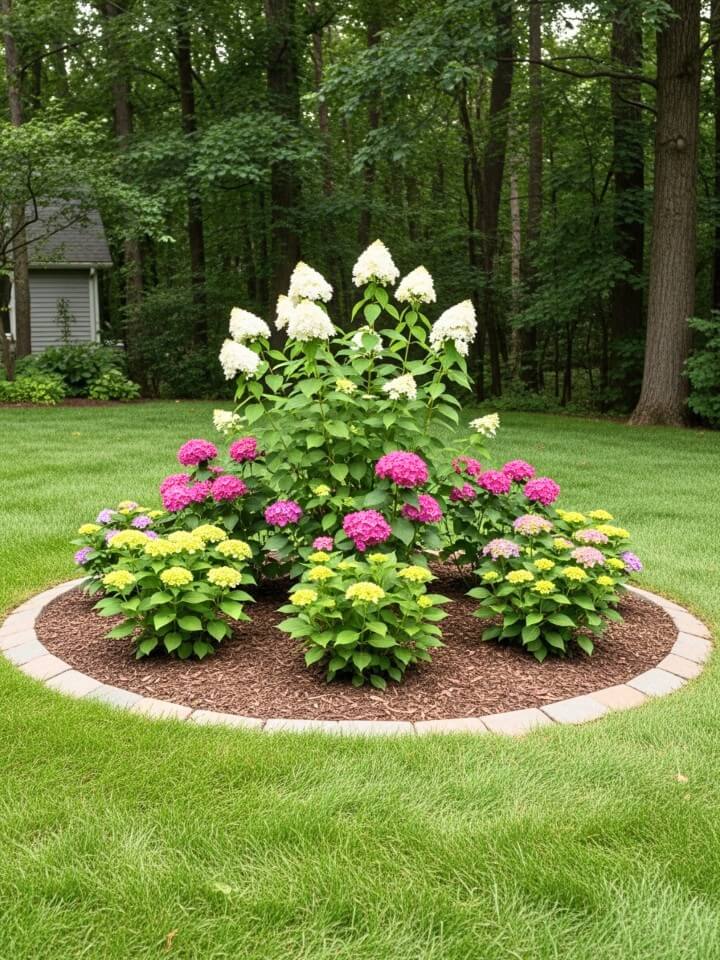 lawn centerpiece with a hydrangea island bedtled design