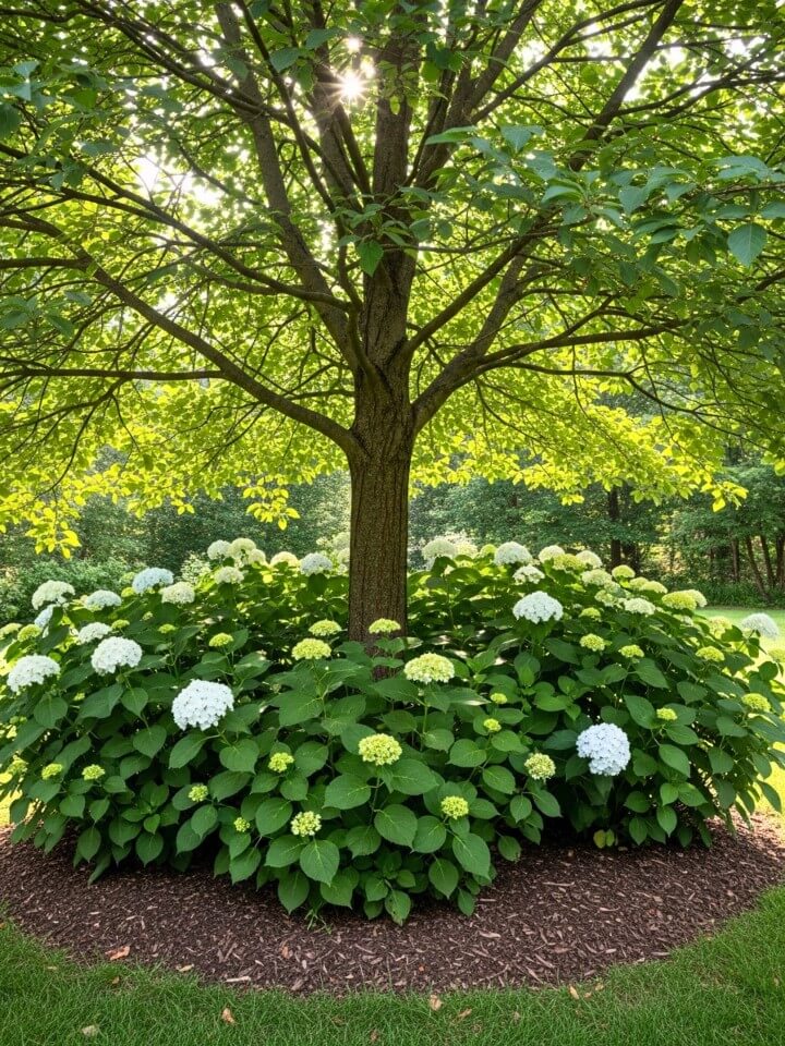 layer hydrangeas around mature trees