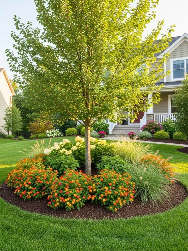 layered flower beds around front yard trees