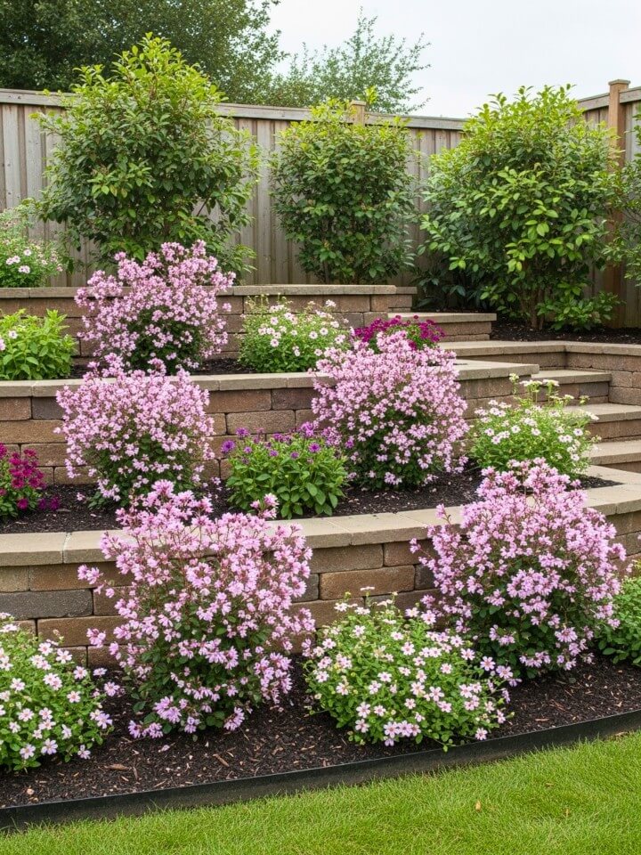 layered garden beds with flowering shrubs