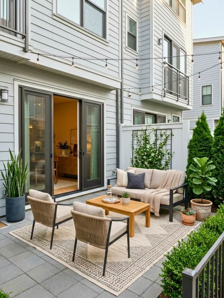 layered outdoor rug styling for townhouse patio