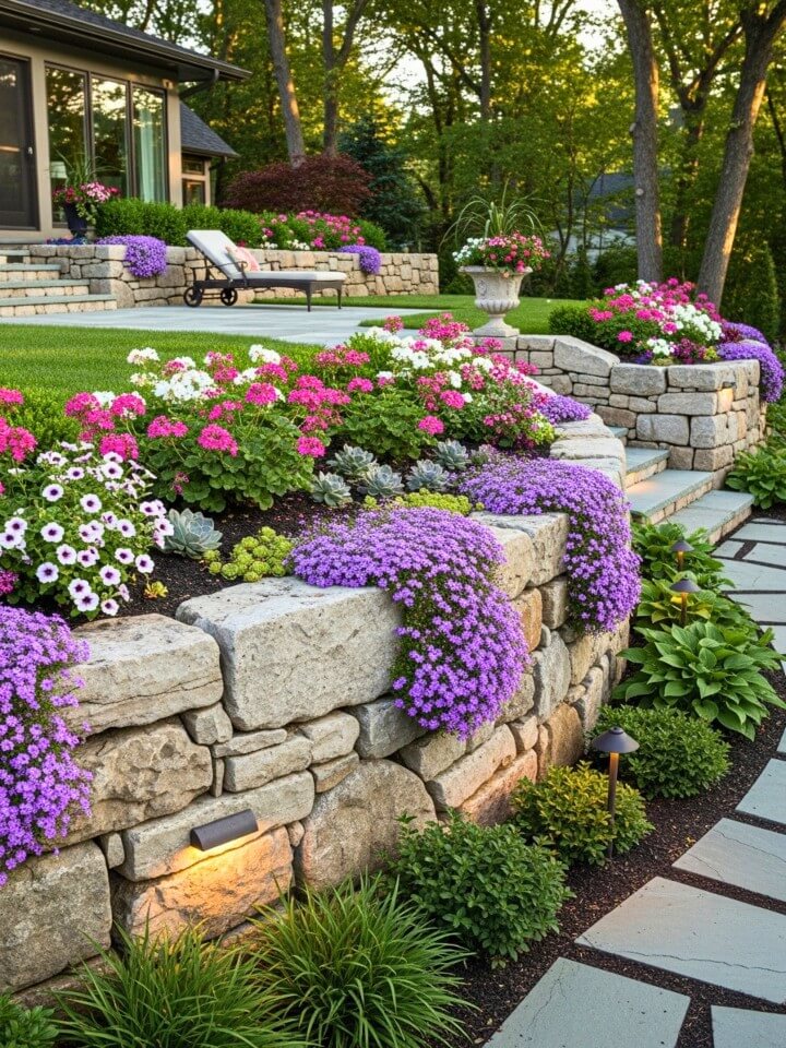 layered stone retaining wall for sloped yards