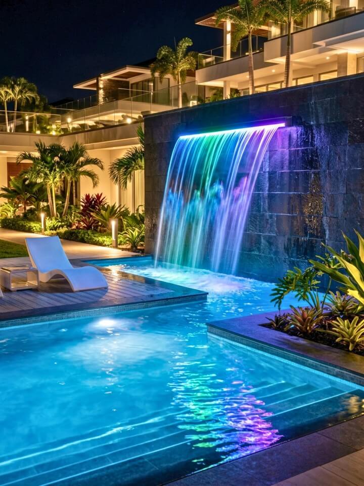 led color changing pool waterfall design