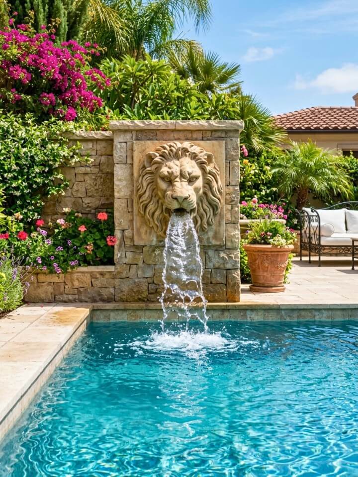 lion head sculptural pool waterfall design