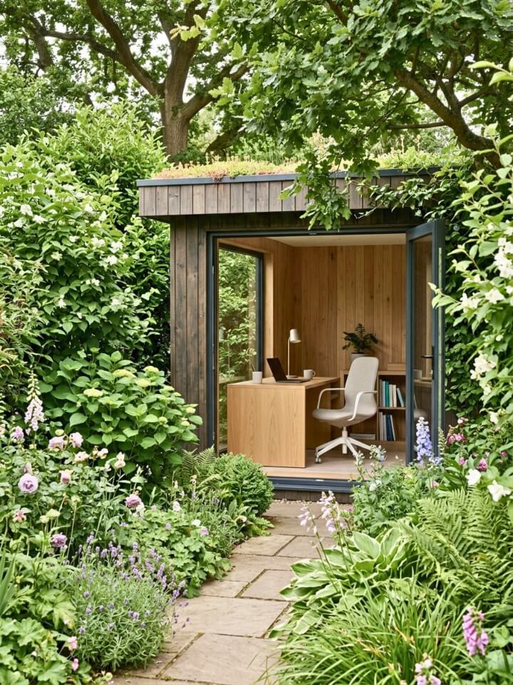 lush garden hidden shed office