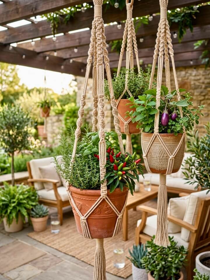 macrame rope planters for vegetables and herbs