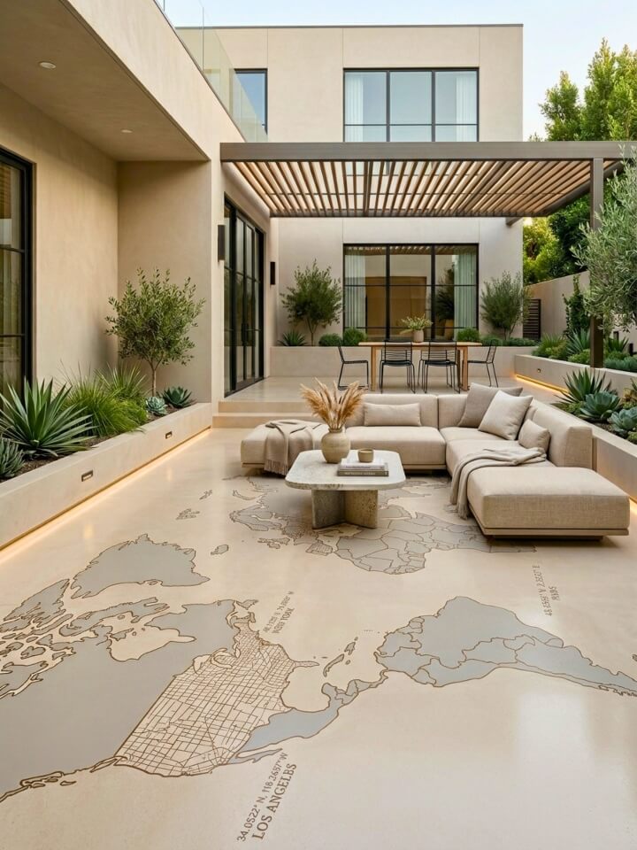 map inspired epoxy patio design