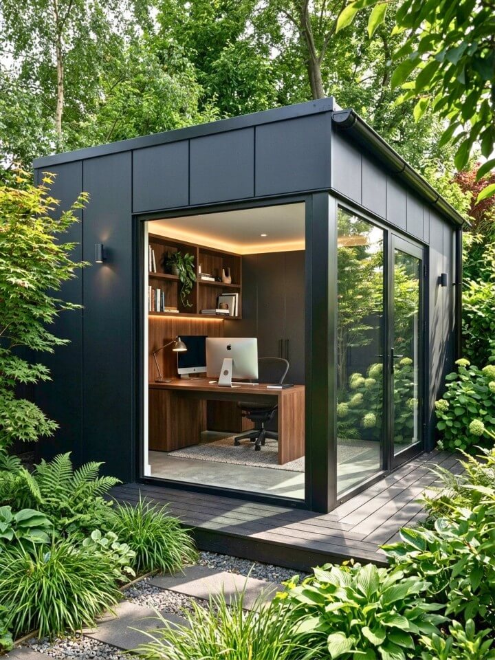 matte black modern backyard work cabin