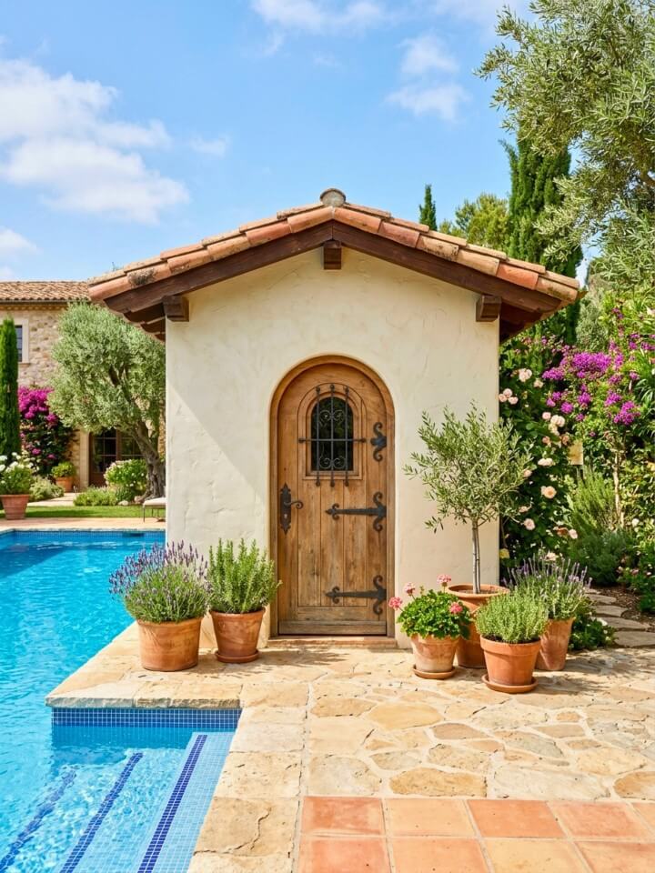 mediterranean stucco pool shed