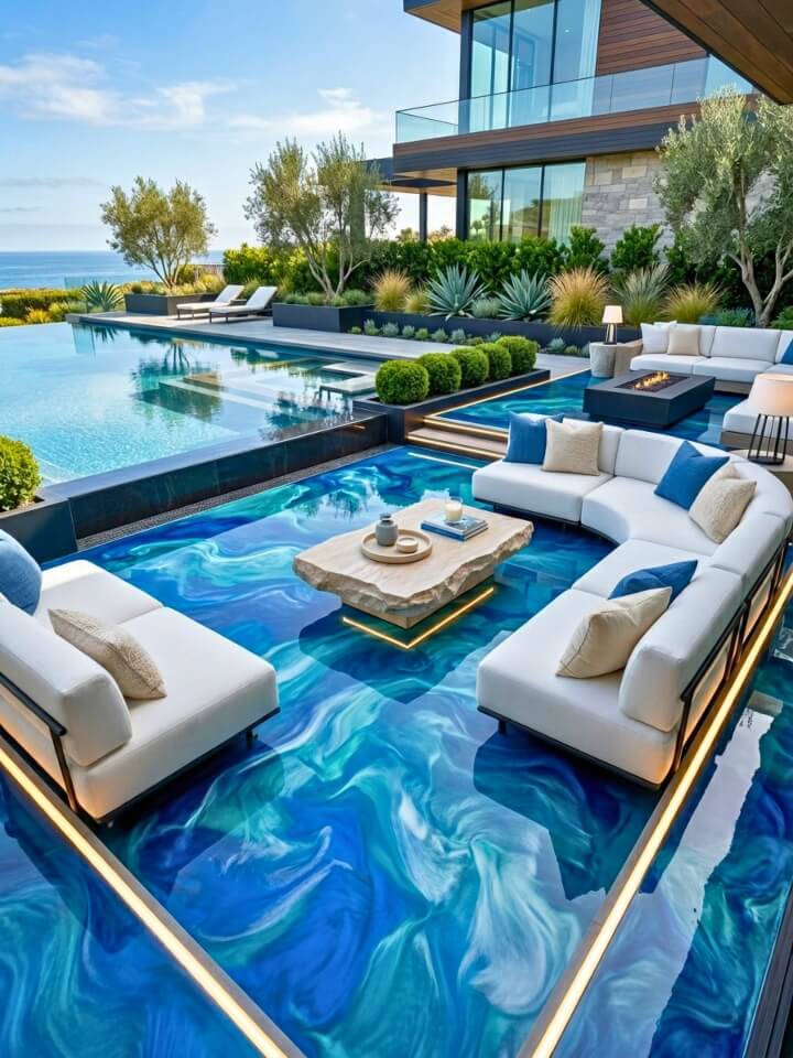 metallic ocean wave epoxy patio design