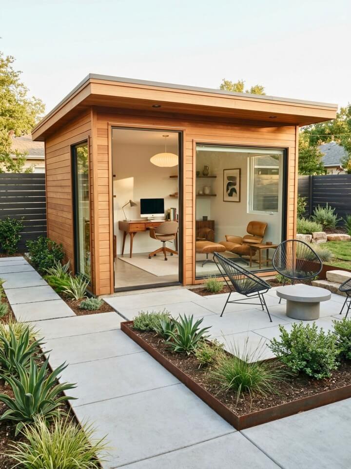 mid century inspired shed with warm wood tones