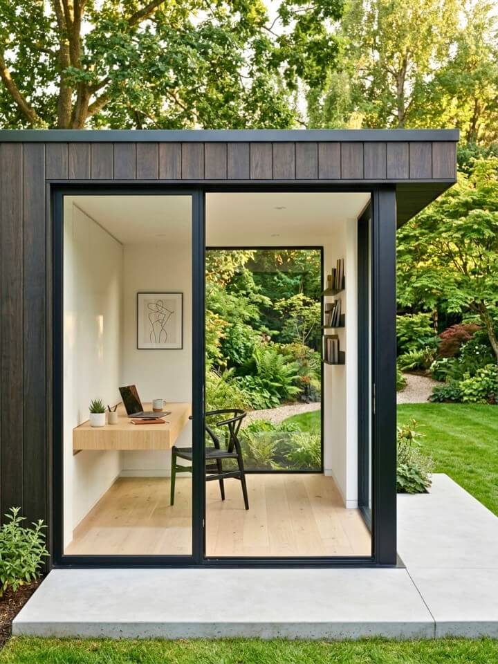 minimal glass door backyard shed office design