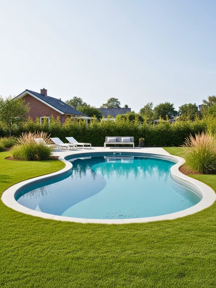 minimalist kidney shaped pool with simple grass edging