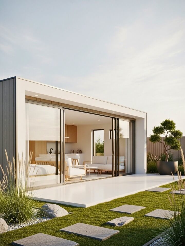 minimalist tiny house with sliding glass walls