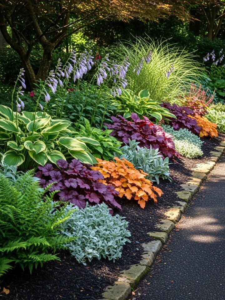 mix of textured foliage for visual interest in sidewalk landscaping ideas