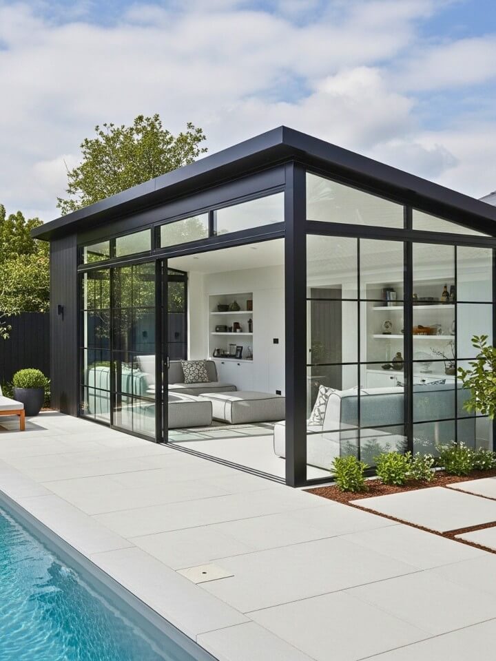 modern glass pool cabana with black frames
