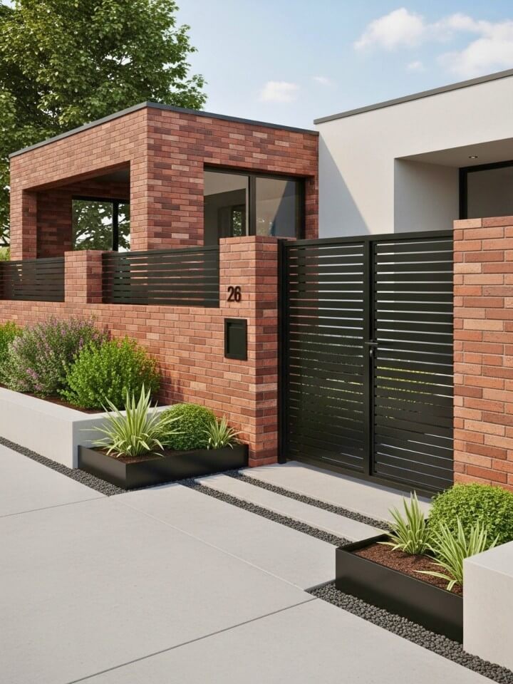modern horizontal brick and metal fence design