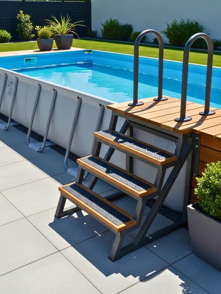 modern metal frame steps with warm wood treads