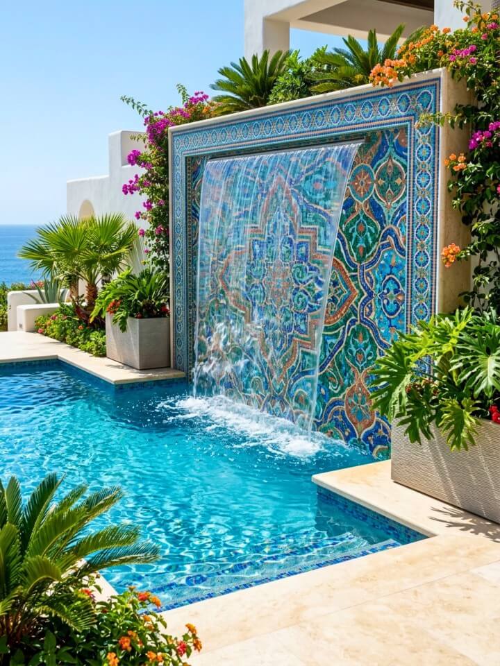mosaic tile wall pool waterfall feature