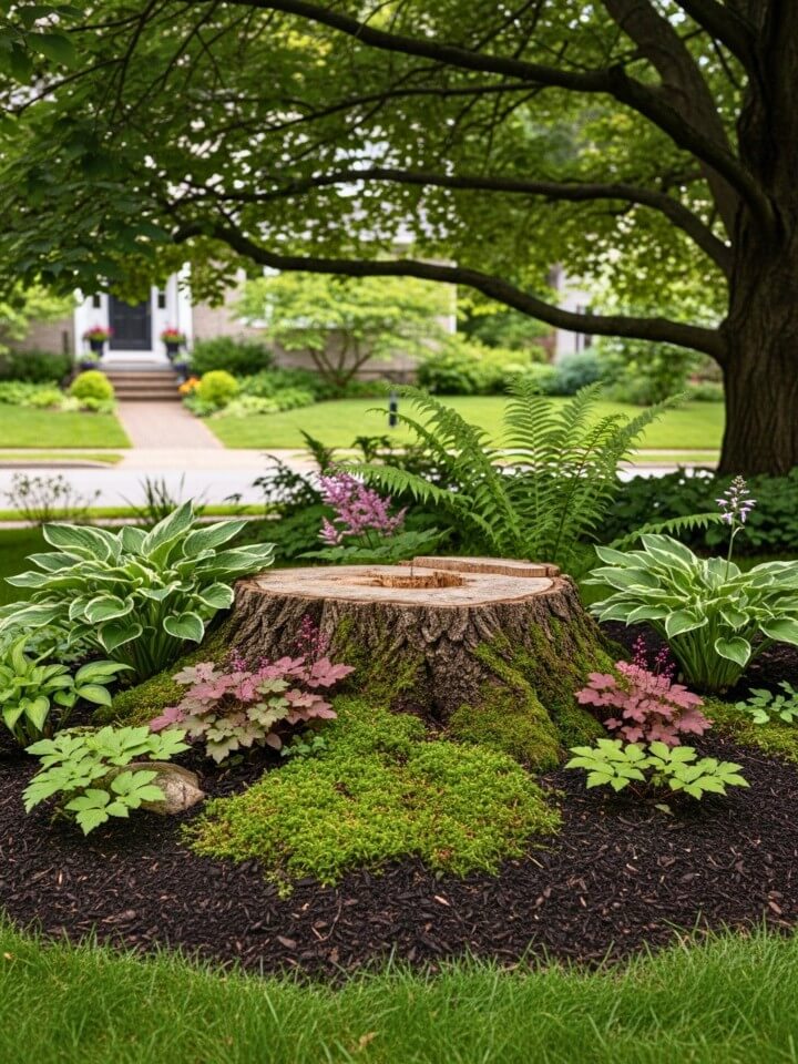 moss and fern woodland tree stump feature
