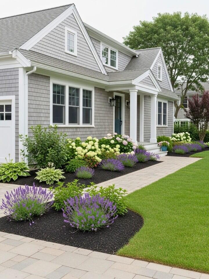 mulched flower beds with perennials for curb appeal