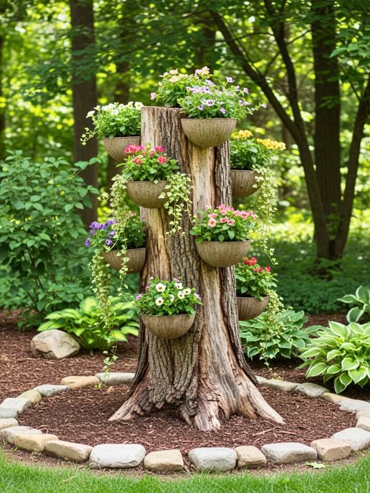 multi tier tree stump planter idea