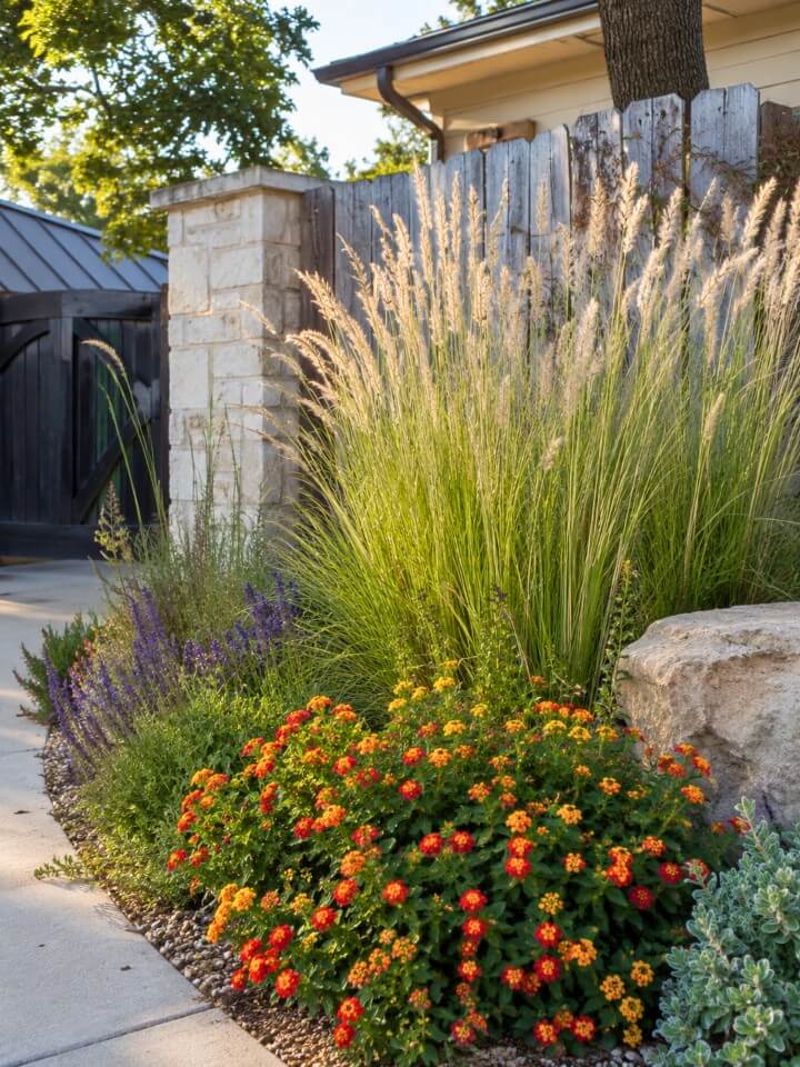 native grass and flower beds for front yard corners