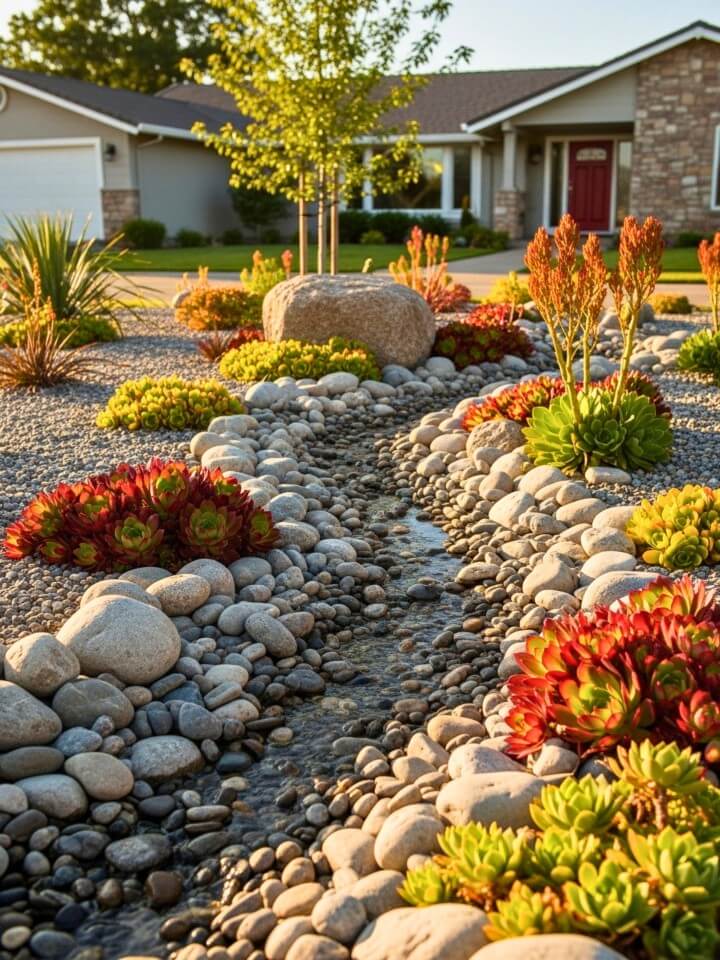 natural dry creek feature in a front yard low maintenance succulent garden