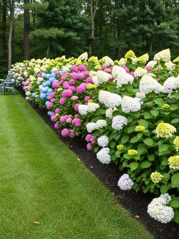 natural privacy screen with hydrangeas