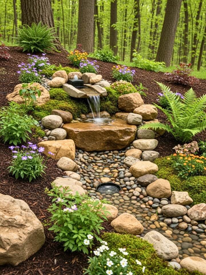 natural spring style fountain in yard